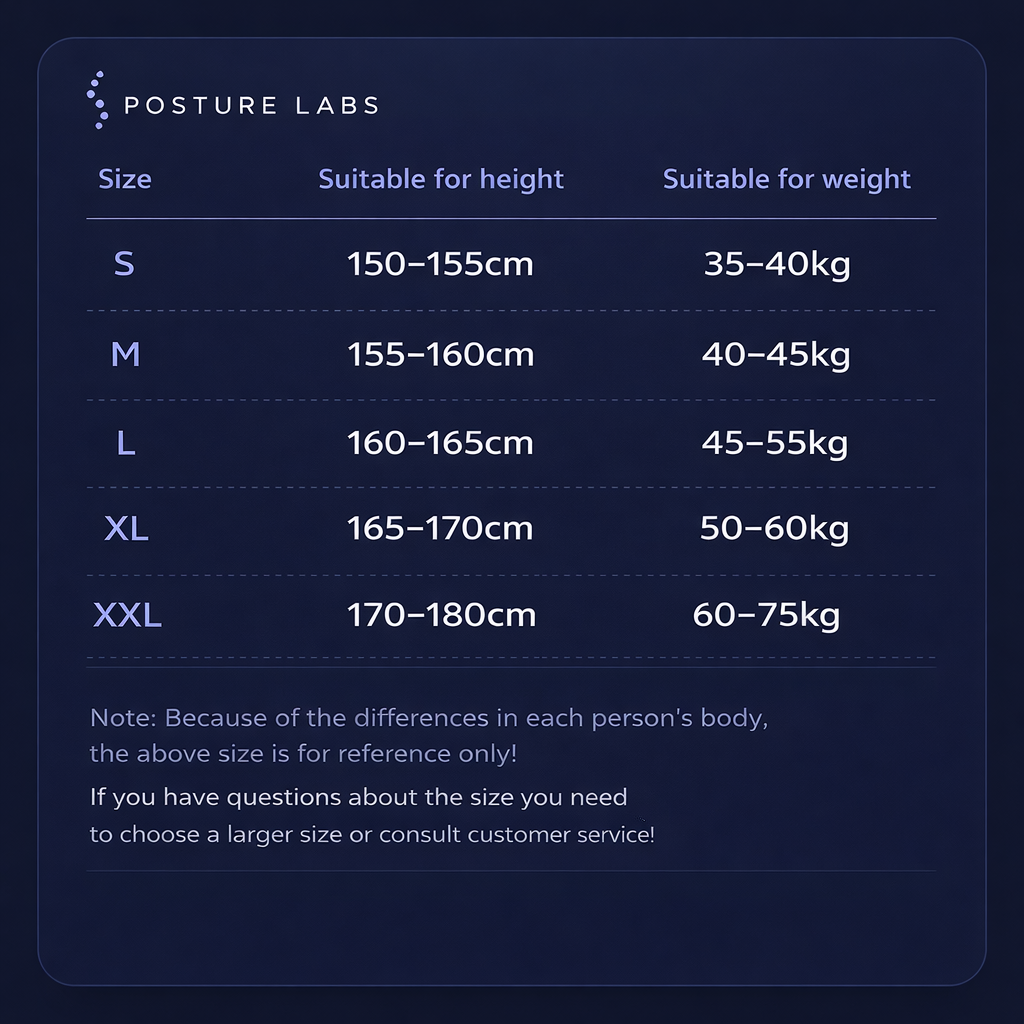 Size chart for Posture Labs products with height and weight ranges. (International)